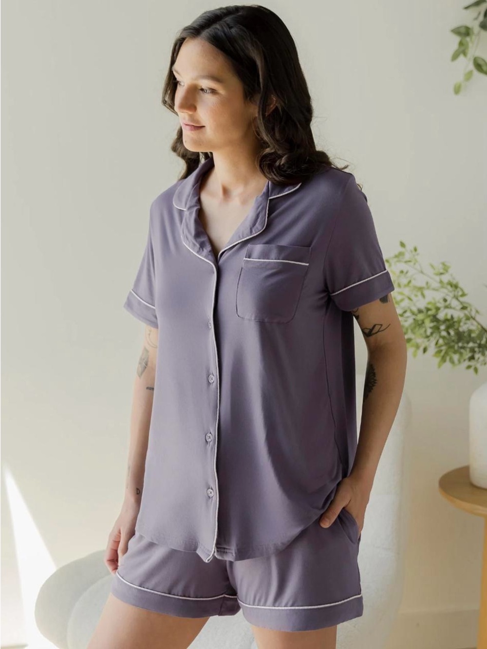 Cozy Earth Bamboo Stretch Knit Short Sleeve Pajama Set XL Mauve Purple